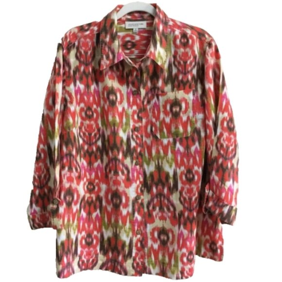 Jones New York Sport Women Size 2X Blouse Top Button Orange Green Brown Linen - Picture 1 of 7